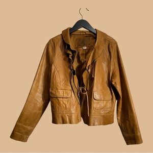 Old Navy Vintage Genuine Tan Leather Cropped Jacket Ruffle Collar Tie Front XL